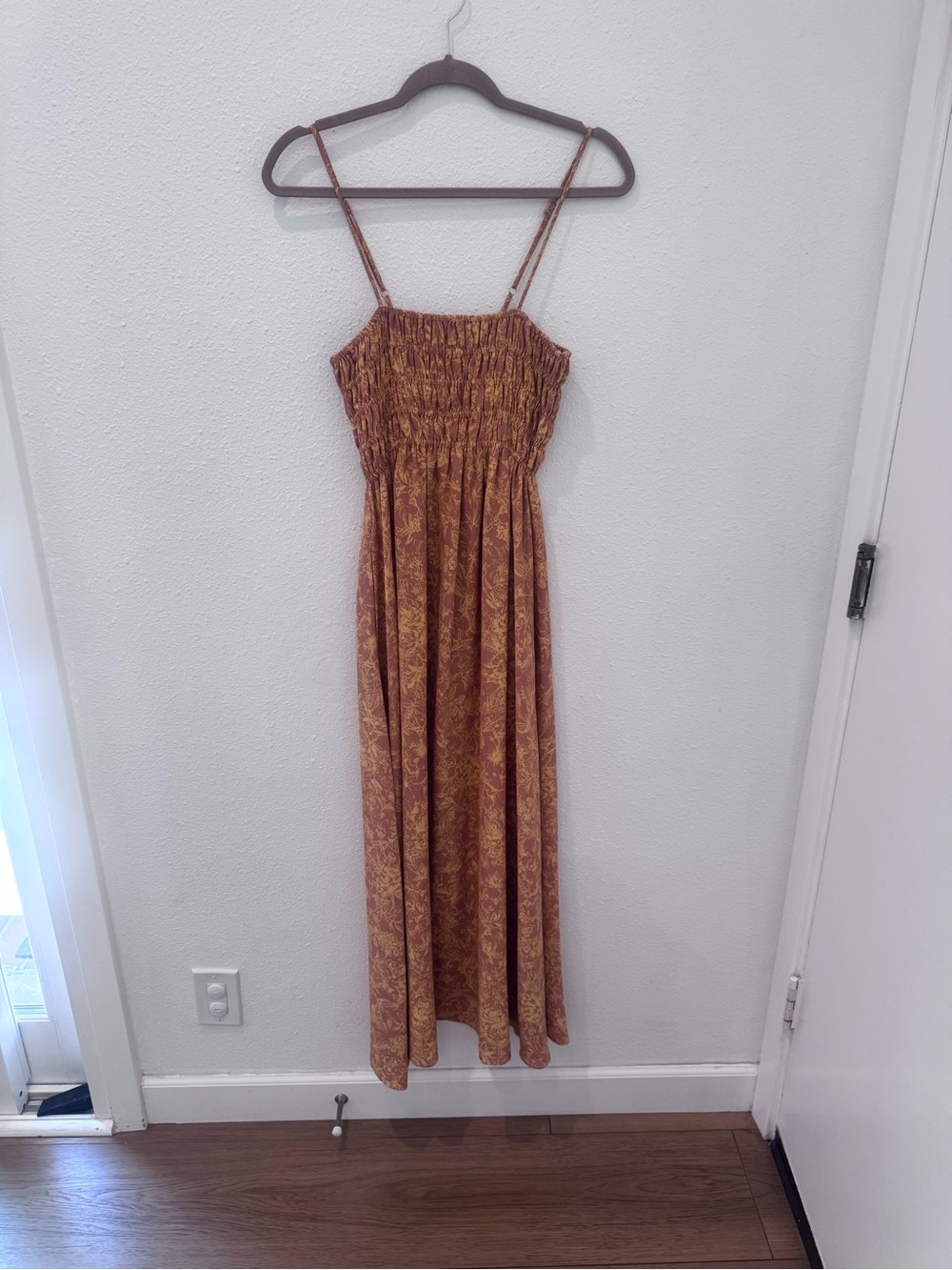 Smocked Yellow Floral Spaghetti-Strap Maxi Dress